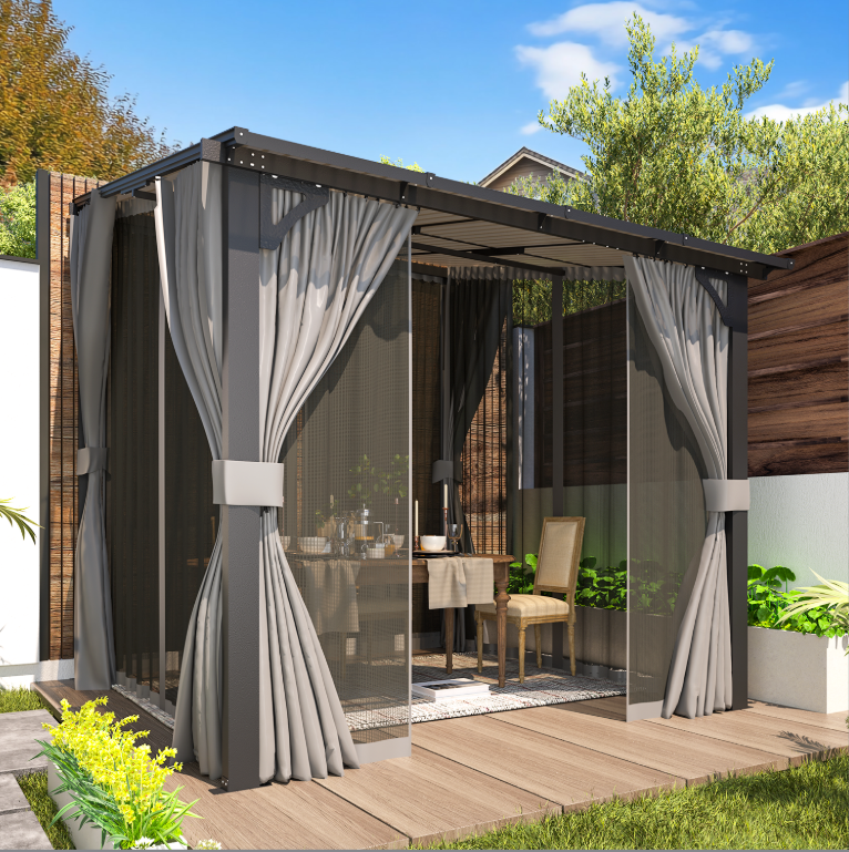 AECOJOY 8' x 8' Lean to Gazebo with Netting and Curtain Outdoor Hardtop Gazebo Aluminum Metal Pergola For Garden, Patio, Backyard-Dark Gray