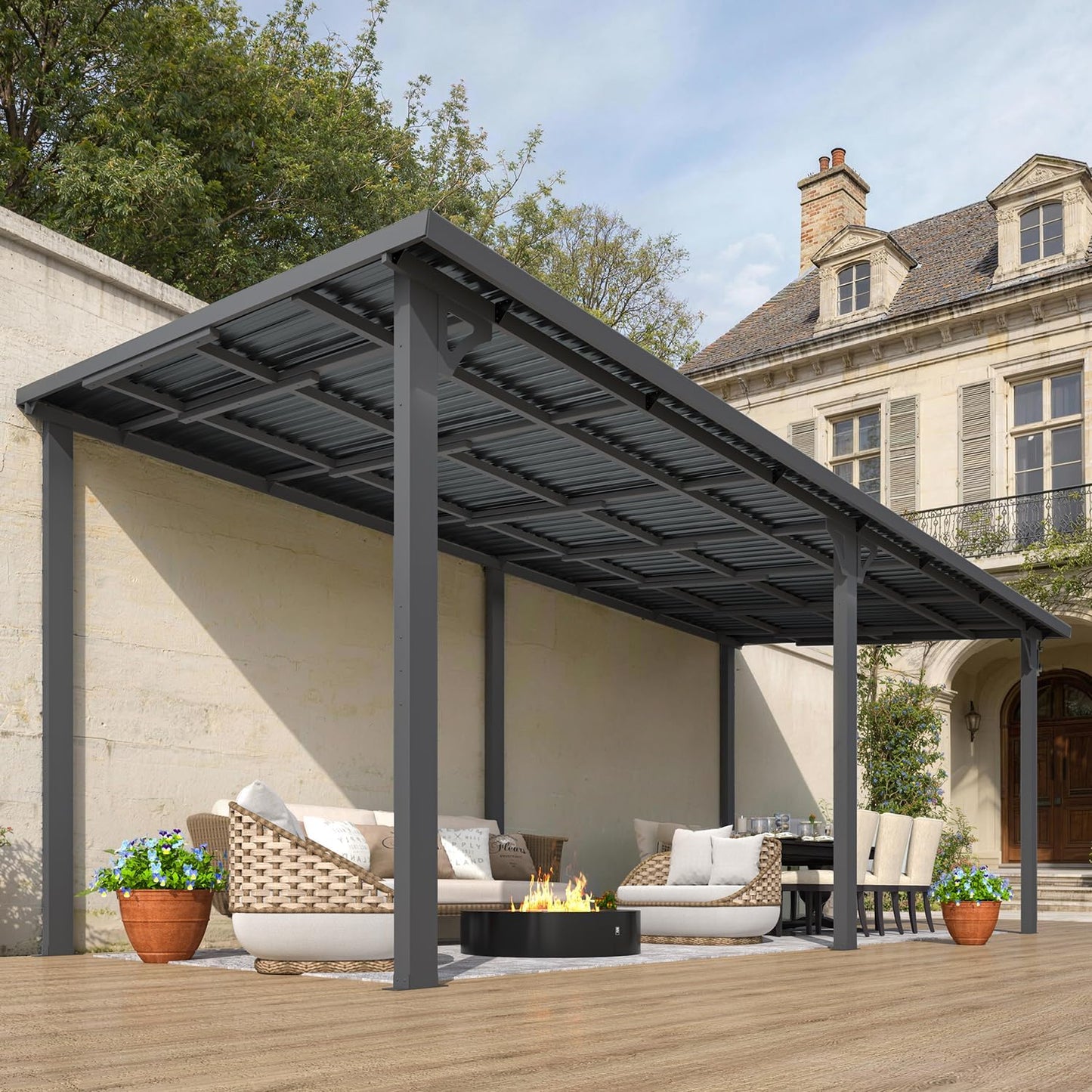 AECOJOY 20' x 8' Hardtop Patio Gazebo Wall Mounted, Heavy Duty Outdoor Pergola on Clearance with Galvanized Steel Roof, Waterproof Metal Grill Gazebo for Backyard