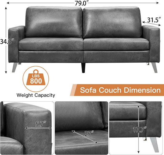 YODOLLA 79" Sectional Sofa Modern Loveseat Couch 3 Seater Faux Leather Living Room Furniture - Gray