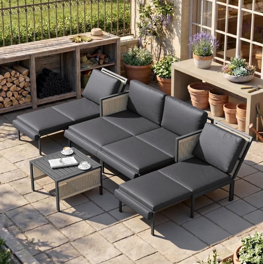 YODOLLA 5-Piece Patio Furniture Sets with Retractable Chairs & Coffee Table , Modular Outdoor Furniture with Foldable Recliners & Cushions, Aluminum Frame, Dark Gray