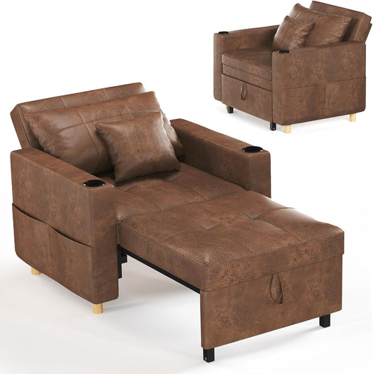 AECOJOY Sofa Bed, 38" Extra-Wide 3-in-1 Convertible Pull-Out Single Sofa with Adjustable Backrest and Cup Holder, Leather Saddle Brown