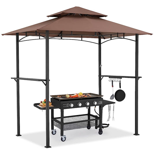 AECOJOY 8' x 5' Outdoor Grill Gazebo with Vented Top, Double Tier BBQ Canopy Gazebo-Brown