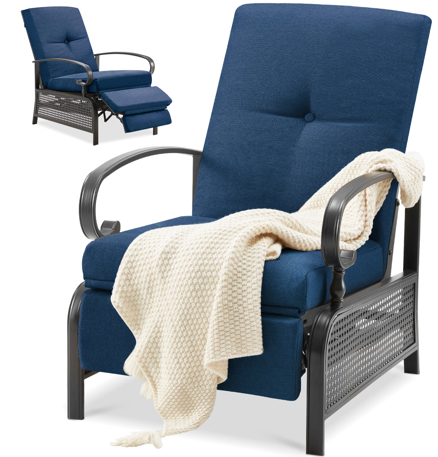 AECOJOY Adjustable Patio Reclining Lounge Chair with Strong Extendable Metal Frame and Comfortable Cushions-Blue