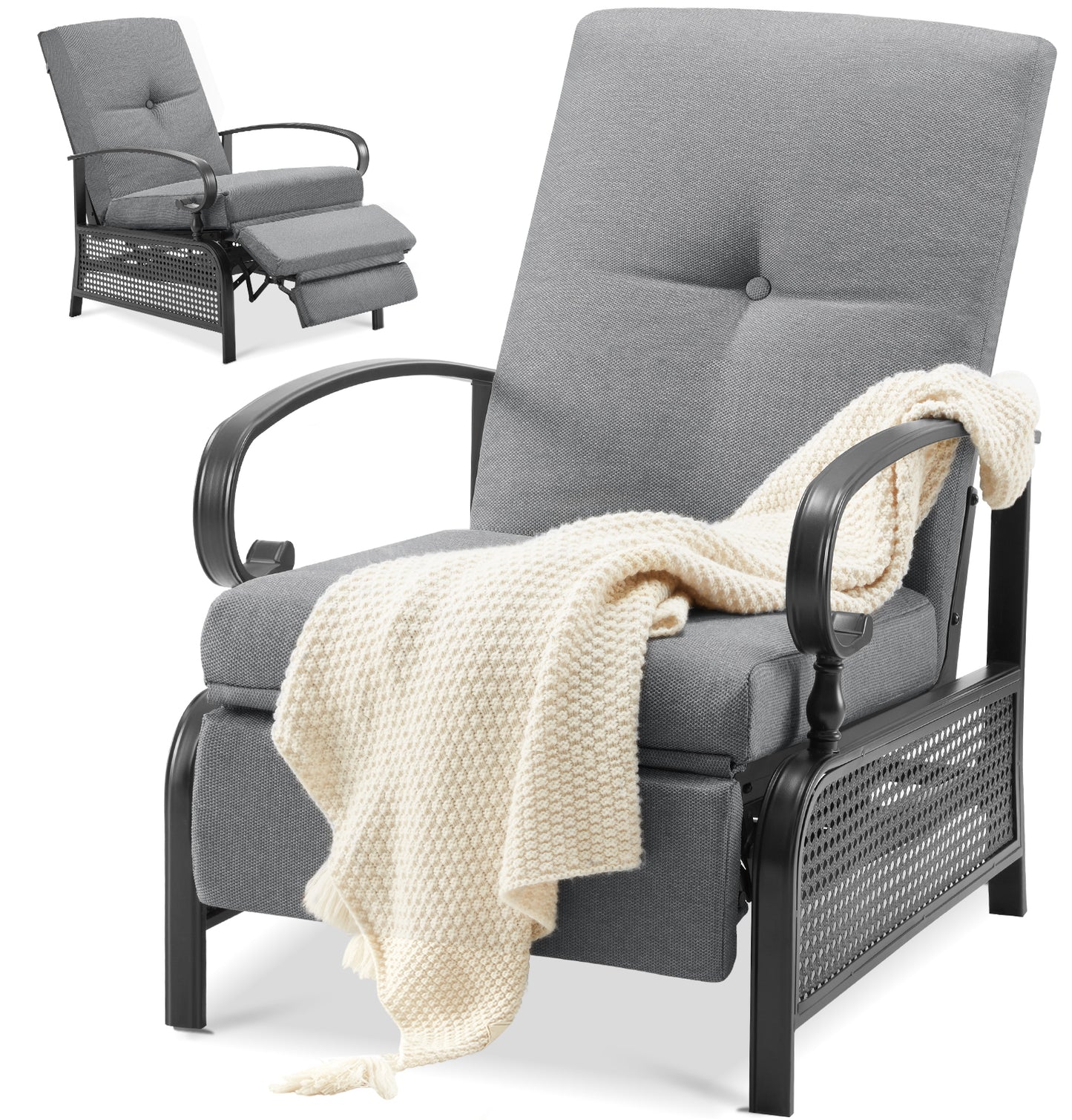 AECOJOY Adjustable Patio Reclining Lounge Chair with Strong Extendable Metal Frame and Comfortable Cushions-Dark Gray