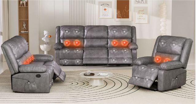AECOJOY 3 Pieces Recliner Sofa Set with Massage Heated Function, Home Theater Seating Leather Couch Set with Side Pockets, Gray