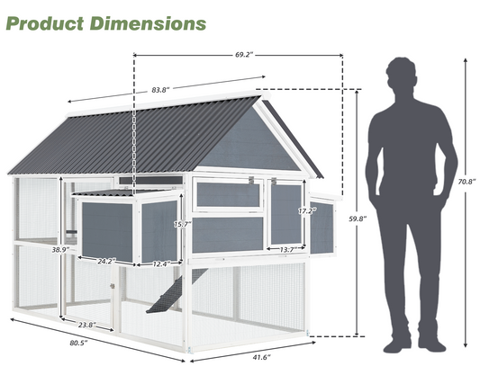 YODOLLA 84” Outdoor Large Chicken Coop, Wooden Hen House Poultry Cage for 10 Chickens Walk in Chicken House with Run, Grey