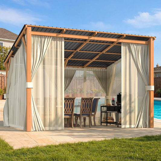 YODOLLA 12' x 10' Wall-Mounted Outdoor Wood Pergola, Hardtop Cedar Patio Pergola with Curtains and Netting for Deck or Backyard