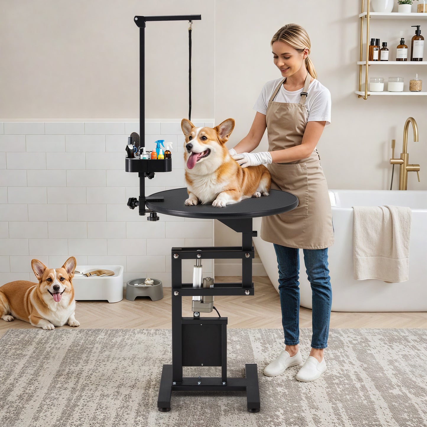 YODOLLA Electric Lift Dog Grooming Table With 24" Rotating Desktop Pet Grooming Table with Foldable Arm For Dogs at Home Tool Organizer and Wired Remote, Black