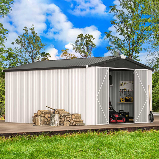 YODOLLA 10' x 14' Outdoor Storage Shed with Lockable Door Patio Metal Garden Storage Building in White for Outside