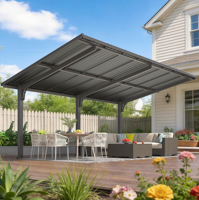 AECOJOY 16'x10' Lean to Hardtop Metal Carport Gazebo, 10x16 Outdoor Freestanding Pergola Gazebo on Clearance for Patio, Large Pergolas and Gazebos with Heavy Duty Steel Roof Awnings for Decks
