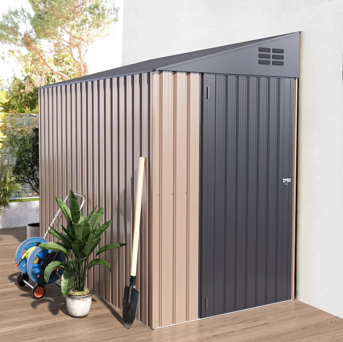 YODOLLA 4.2' x 7' Outdoor Metal Storage Side Shed with Lockable Door Metal Attached Lean-To Shed for Backyard