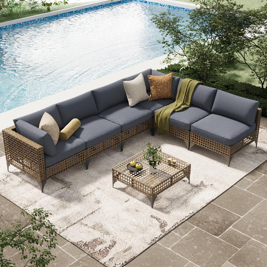 YODOLLA 7-Piece Patio Furniture Set with Tea Table, Rattan Wicker Outdoor Sectional Furniture Sofa Conversation Set, Dark Brown Rattan&Dark Grey Cushions