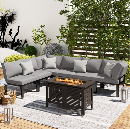 YODOLLA 7 piece Outdoor Patio furniture Set Clearance Metal Patio Sectional Sofa Set on sale with Grey Cushions and 43" Fire Pit Table