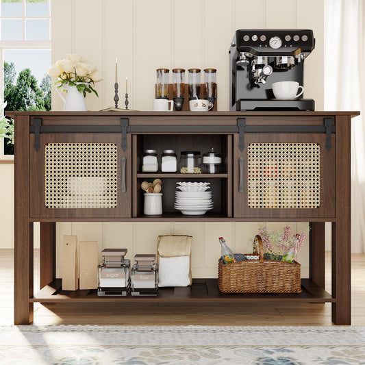 YODOLLA 46'' Kitchen Sideboard Buffet Cabinet with 2 Rattan Sliding Barn Door, Shelves and Bottom Open Shelf, Brown