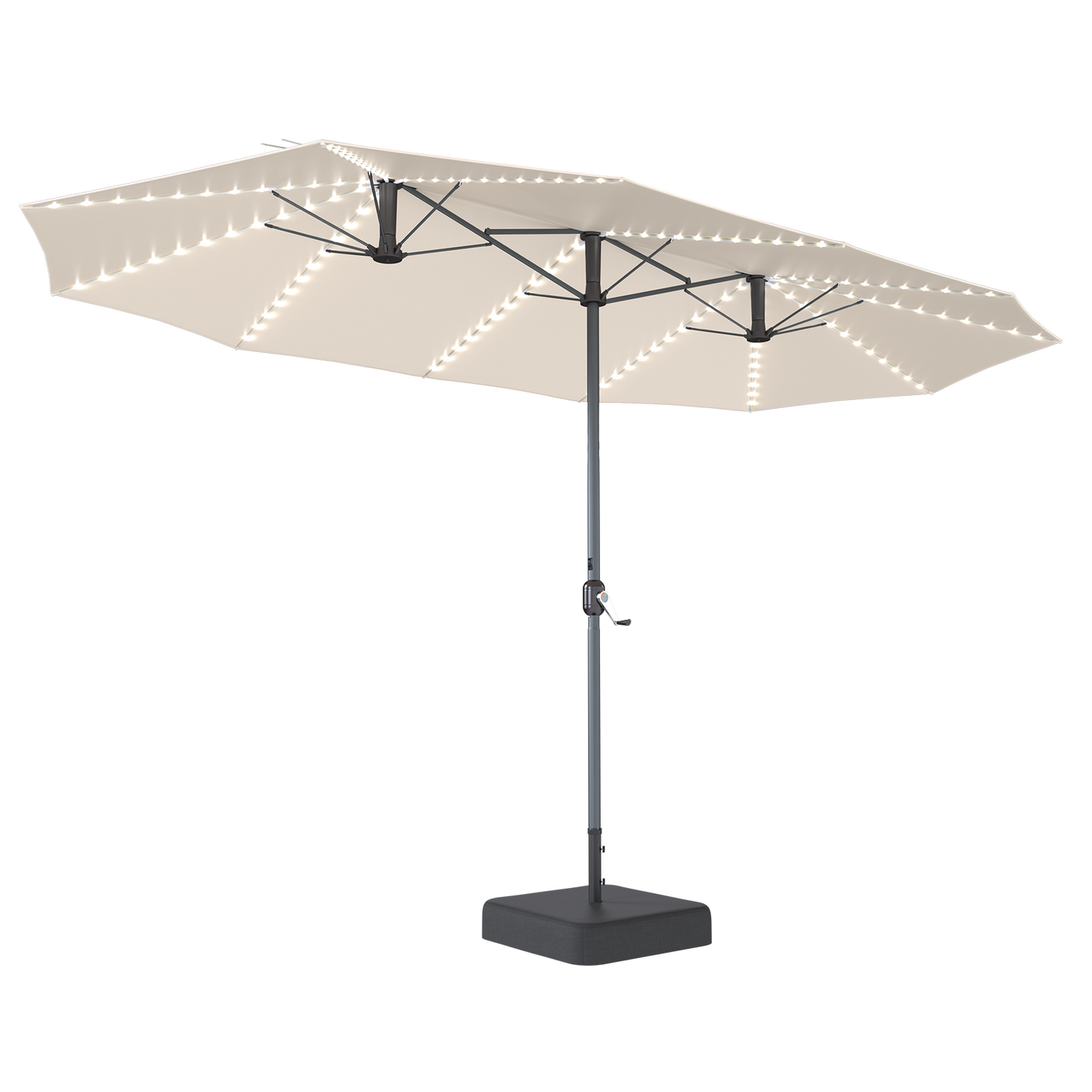 YODOLLA 15 x 9 ft Double-Sided Rectangular Patio Umbrella with Solar Lights & Included Base, 360° All-Round Lighting, 1.9" Pole, Tan