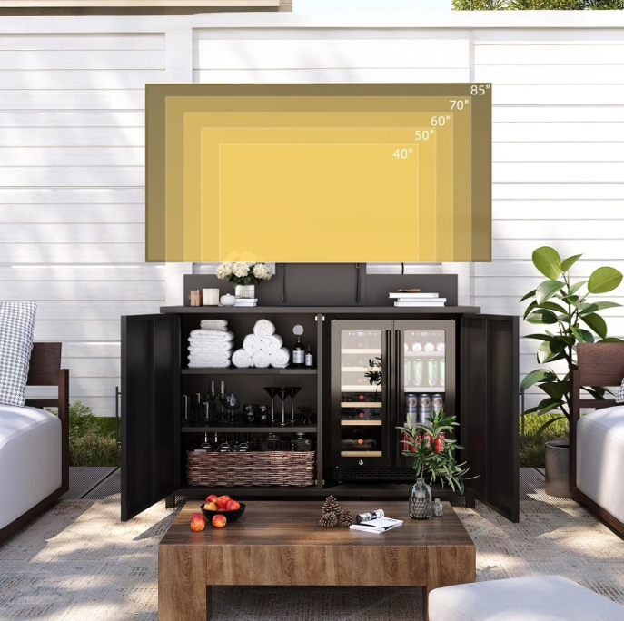 YODOLLA Outdoor Storage Cabinet with TV Mount for 40–85 Inch TVs, Outdoor TV Stand with Storage Cabinet Waterproof, Heavy Duty Metal Entertainment Center for Mini Fridge Storage in Black