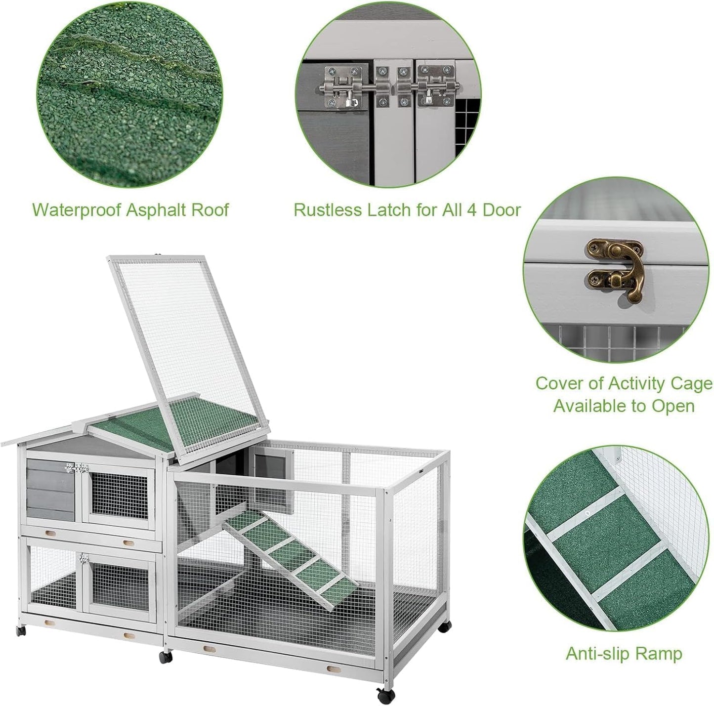 AECOJOY 61.5" Outdoor Wooden Rabbit Hutch, Two-Story Bunny Cage with Wheels, No-Leak Tray and Anti-Slip Ramp