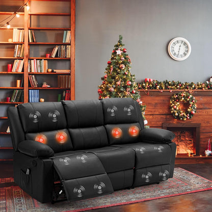 YODOLLA 3 Seat Leather Recliner Sofa with Massage Heated Function, Home Theater Seating Chair in Black