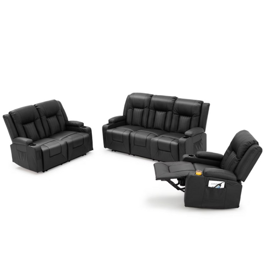 AECOJOY 3 Pieces Leather Recliner Sofa Set with Swivel Massage Chair, Modern Manual Control Couch Set Overstuffed Reclining Sofa Home Theater Seat RV Sofa Set w/Side Pockets&Cup Holders, Black