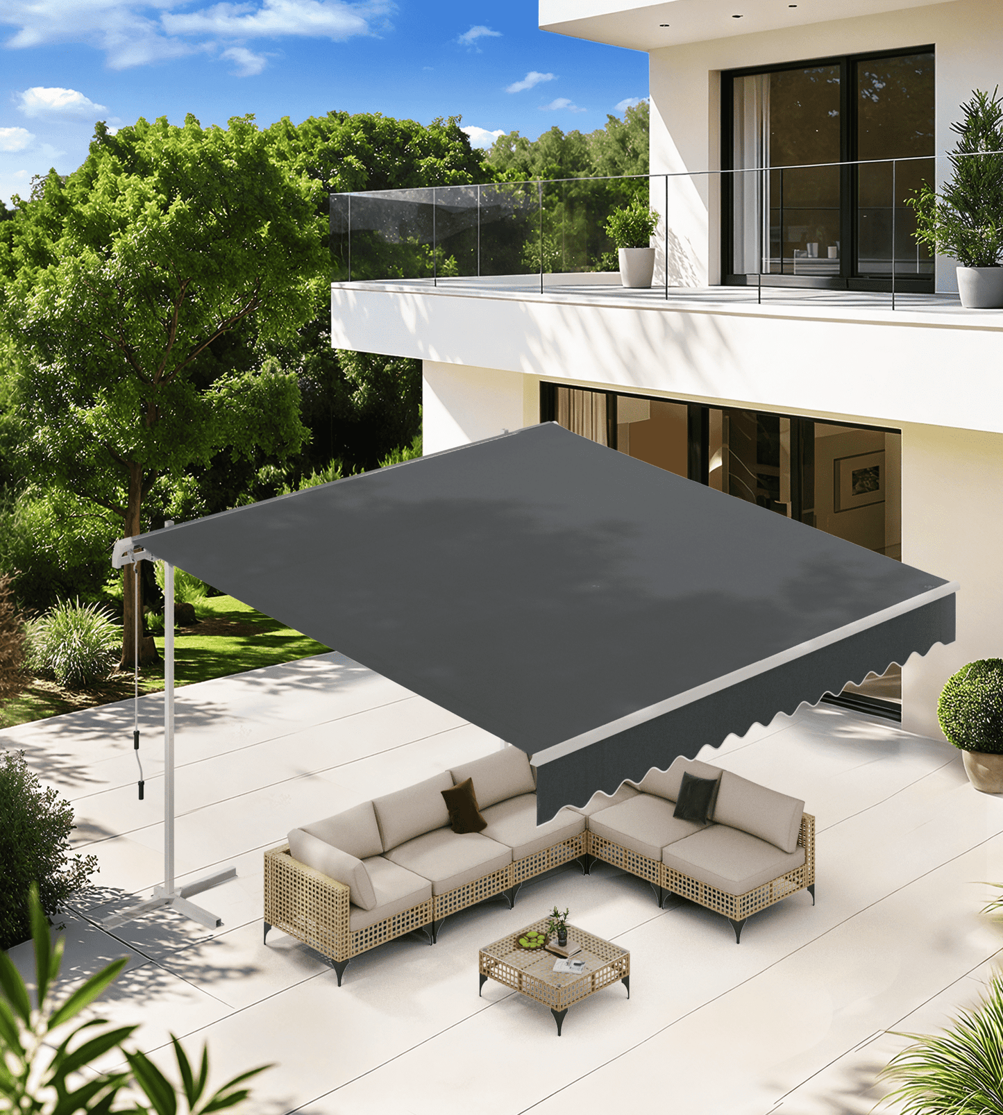 AECOJOY 10x8 ft. Free Standing Retractable Awning - Single Side Patio Awnings Manual Sun Shade - Dark Grey