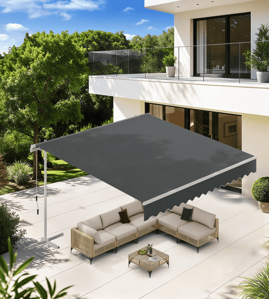 AECOJOY 10x8 ft. Free Standing Retractable Awning - Single Side Patio Awnings Manual Sun Shade - Dark Grey