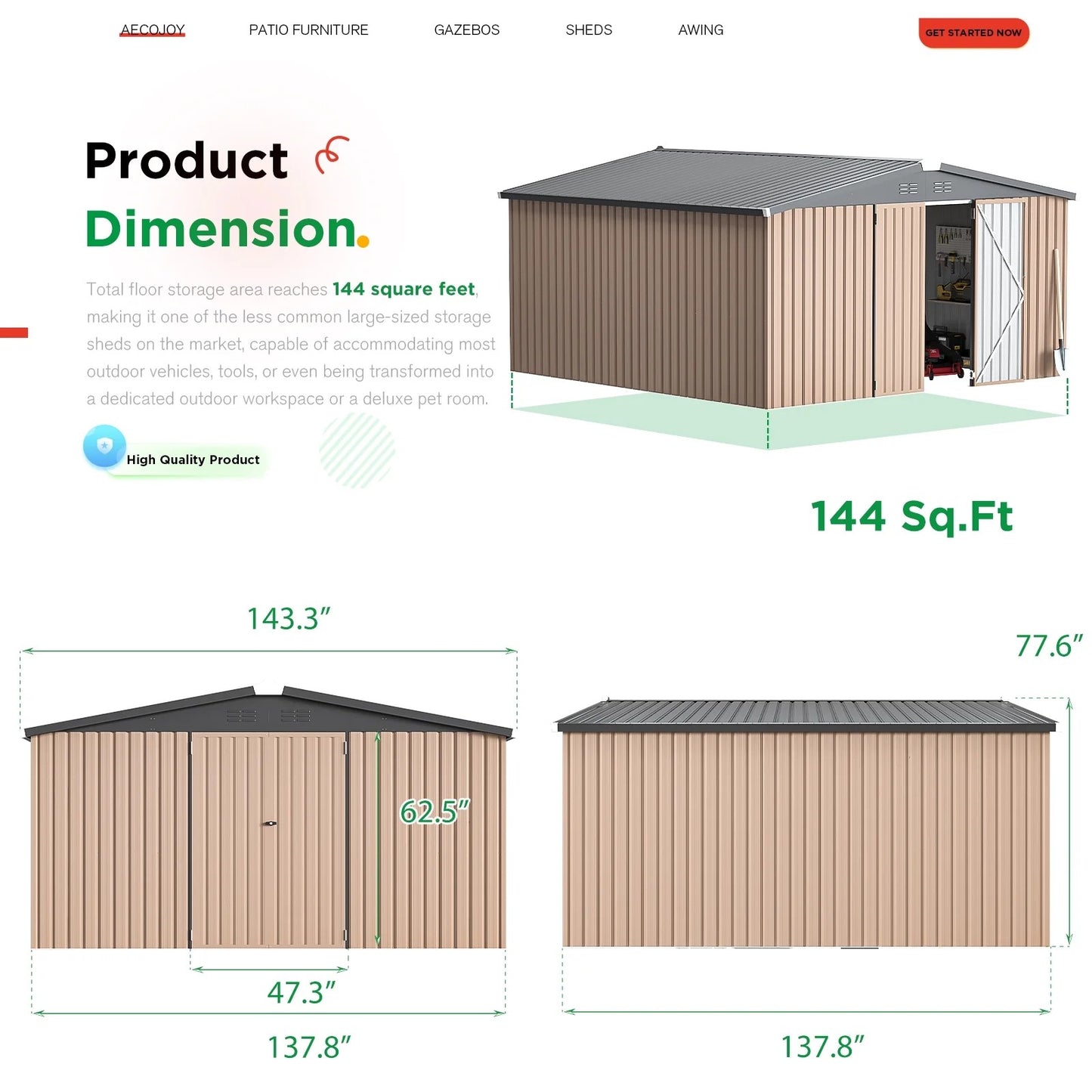 AECOJOY 12' x 12' Outdoor Metal Storage Shed with Lockable Door for Backyard& Patio, Outside use
