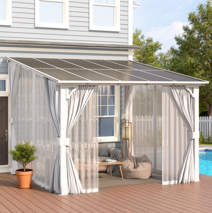 AECOJOY 10’ x 10' Wall Monuted Lean to Gazebo with Netting and Curtain Outdoor Hardtop Gazebo Aluminum Metal Pergola For Garden, Patio, Backyard-White