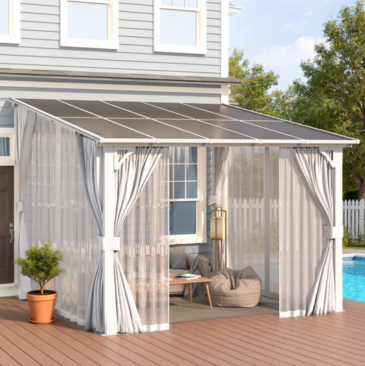 AECOJOY 10’ x 10' Wall Monuted Lean to Gazebo with Netting and Curtain Outdoor Hardtop Gazebo Aluminum Metal Pergola For Garden, Patio, Backyard-White