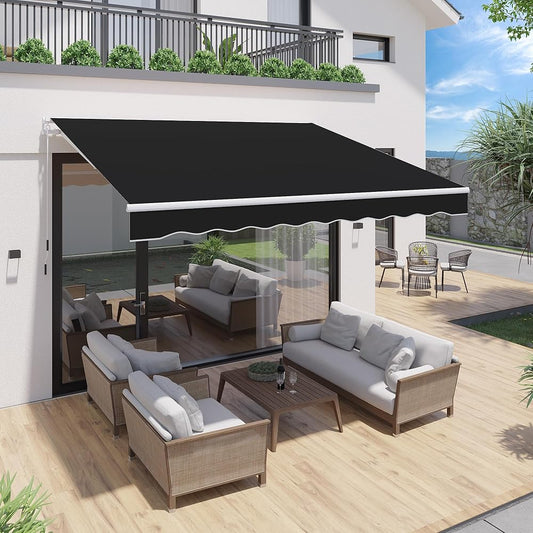 YODOLLA 10'×8' Manual Retractable Awning Sun Shade Patio Awning Cover Outdoor Patio Canopy Sunsetter Deck Awnings with Manual Crank Handle, Black