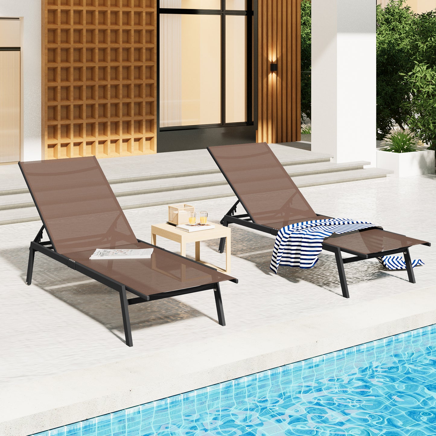 AECOJOY Patio Metal Lounge Chairs for Outside Adjustable Outdoor Chaise Lounge for Outside Pool Set of 2 - Brown