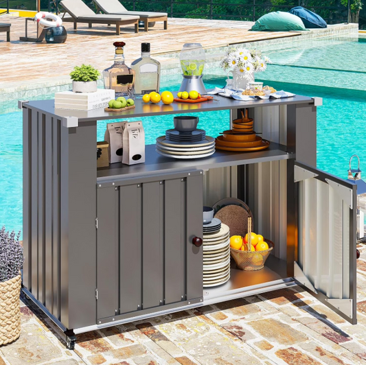AECOJOY Outdoor Grill Table Cart with Storage Cabinet Weatherproof, Outdoor Kitchen Island w/ Counter Prep Table in Dark Grey