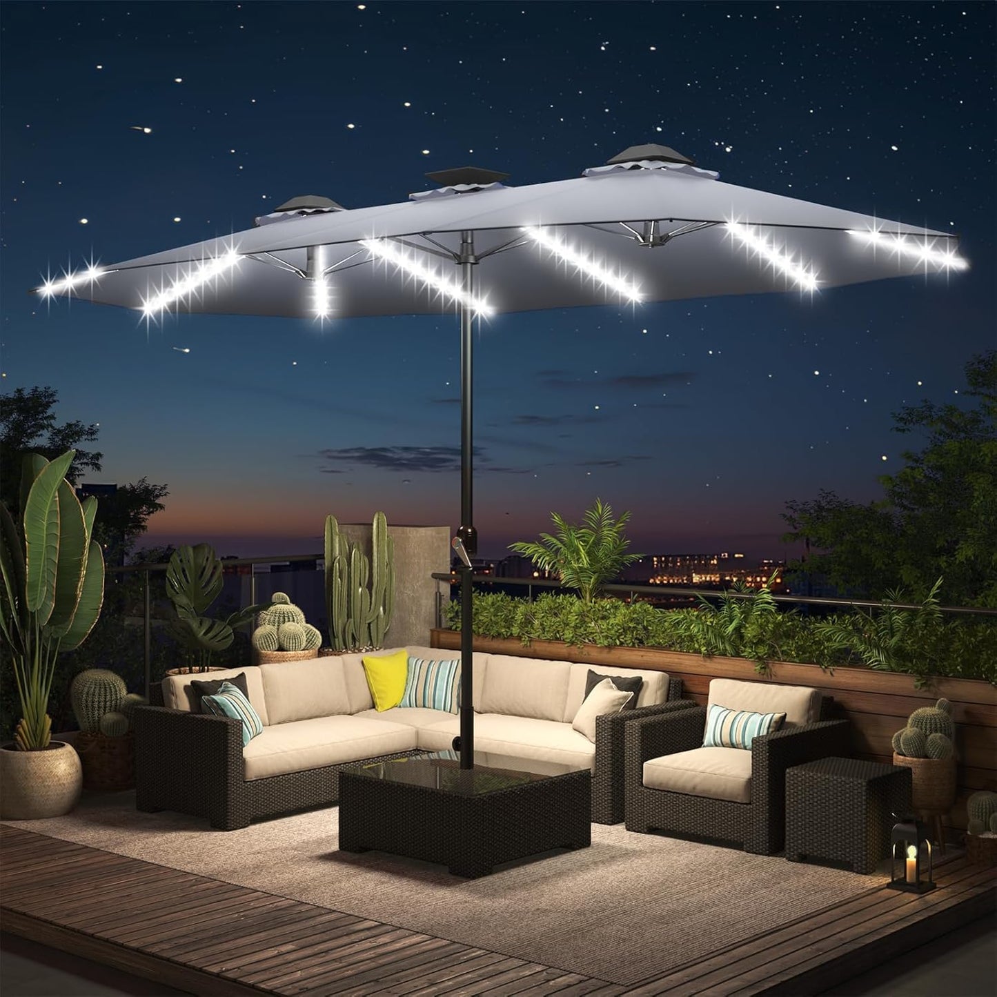 AECOJOY 15ft Patio Umbrella with Solar Lights,Outdoor Large Double Umbrella, Rectangle Table Umbrella with 156 PCS LED Lights and Crank Handle for Backyard Deck Pool Shade in Dark Gray