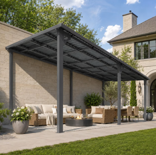 YODOLLA 8'x20' Hardtop Wall-Mounted Lean-to Gazebo, Galvanized Steel Roof for Patio & Decks