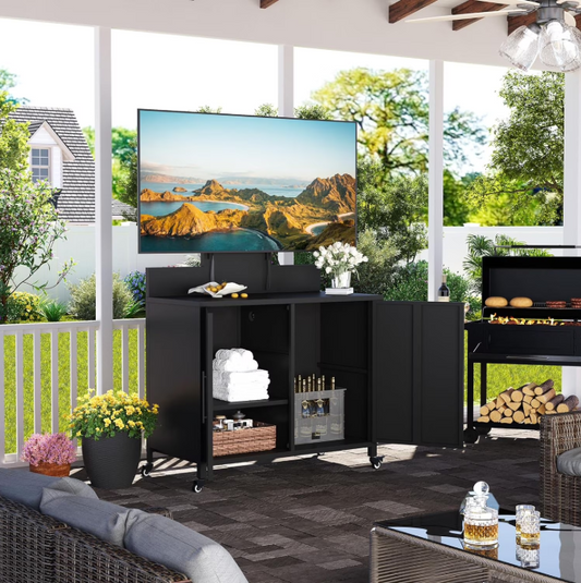 YODOLLA Outdoor Storage Cabinet with TV Mount for 40–85 Inch TVs, Mobile TV Stand on Wheels with Storage Cabinet Waterproof, Heavy Duty Metal Entertainment Center for both Indoor/ Outdoor Use