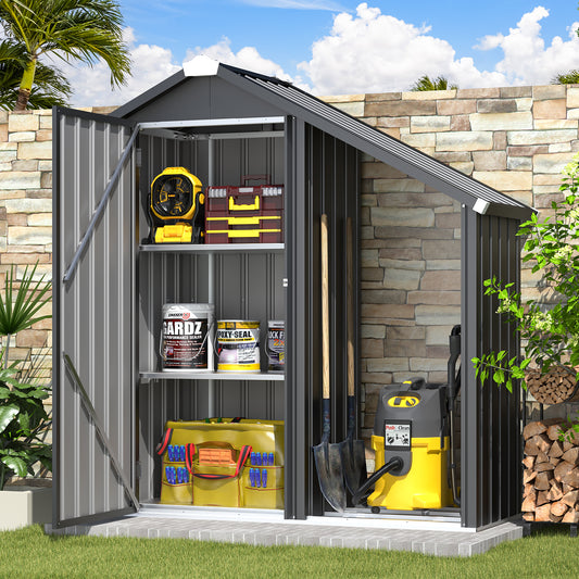 YODOLLA Outdoor Storage Cabinet with Shelves and Lean to Open-Sided Firewood Racks, Metal Storage Shed Organizer for Garden & Patio in Gray