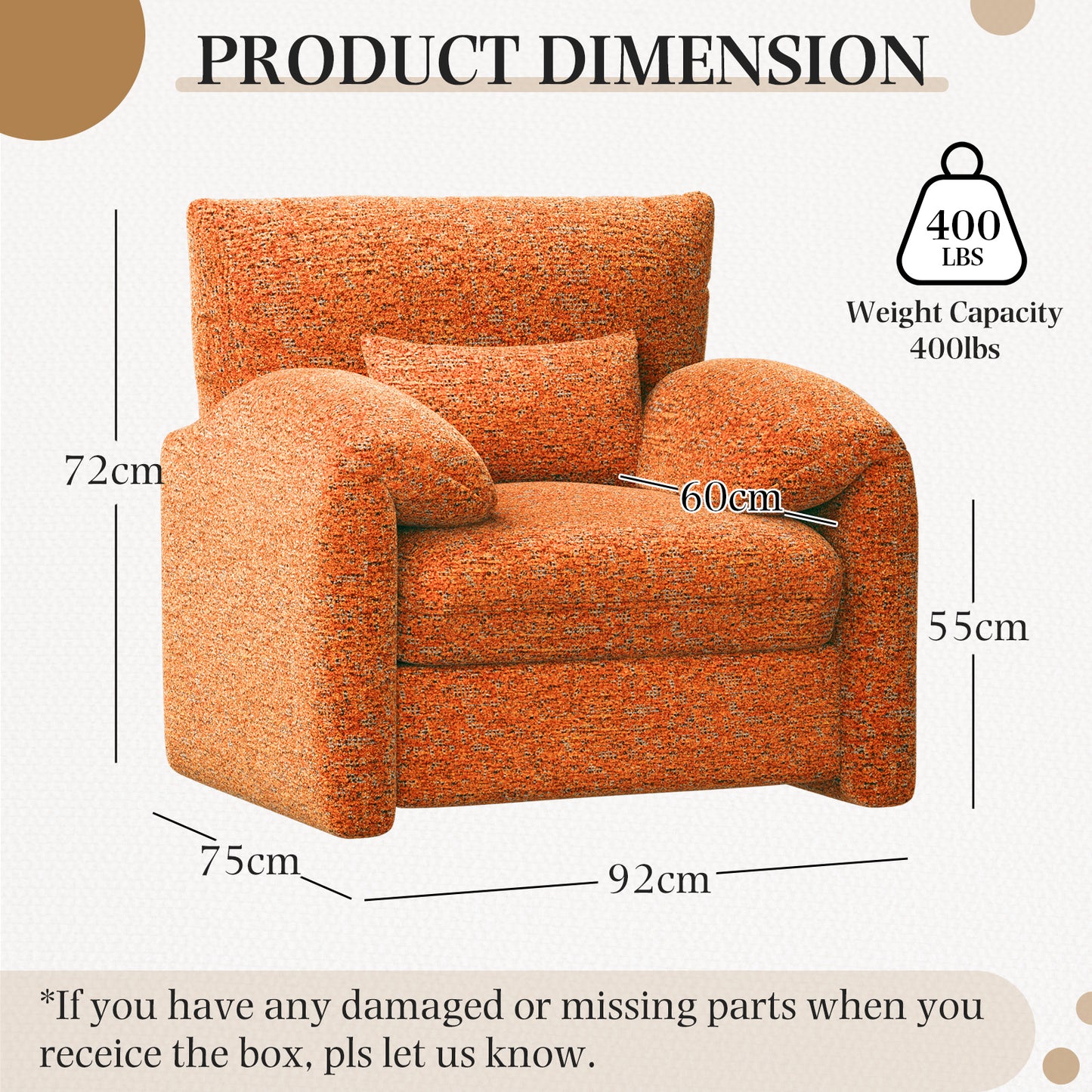 YODOLLA Oversized Accent Chair for Living Room, 36.2'' Chenille Mid Century Reading Chair in Orange