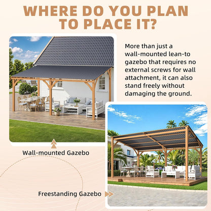 YODOLLA 16' x 10' Wall-Mounted Outdoor Wood Gazebo, Hardtop Cedar Pergola with Heavy-Duty Awnings for Patio, Deck, Backyard