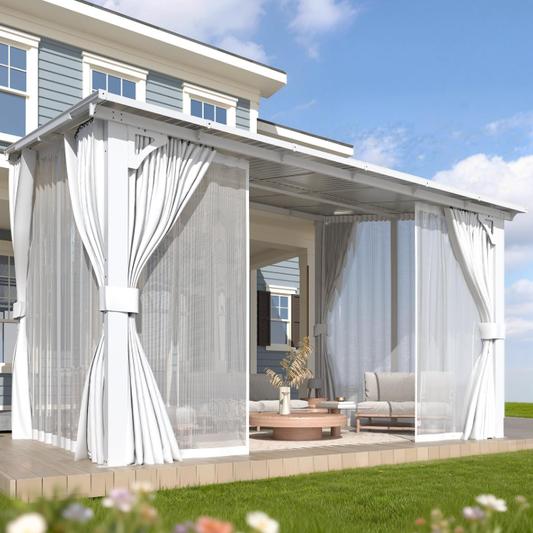 AECOJOY 12' x 8' Lean to Gazebo Outdoor Pergola with Curtains and Netting, 8'x12' Hardtop Pergolas and Gazebos Clearance with Patio Roof, Large Wall-Mounted Heavy Duty Awnings,White
