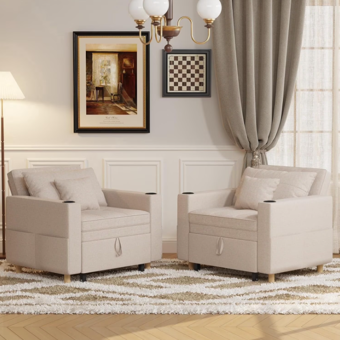 YODOLLA Sleeper Chair, 38" Extra-Wide 3-in-1 Convertible Pull-Out Single Sofa with Adjustable Backrest and Cup Holder, Beige（One PC）