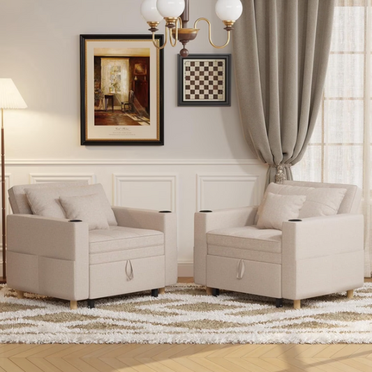 YODOLLA Sleeper Chair, 38" Extra-Wide 3-in-1 Convertible Pull-Out Single Sofa with Adjustable Backrest and Cup Holder, Beige（One PC）