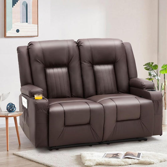 YODOLLA Manual Reclining Loveseat with Cup Holders&Side Pockets, PU Leather Double Recliner Loveseat Home Theater Seating-Brown