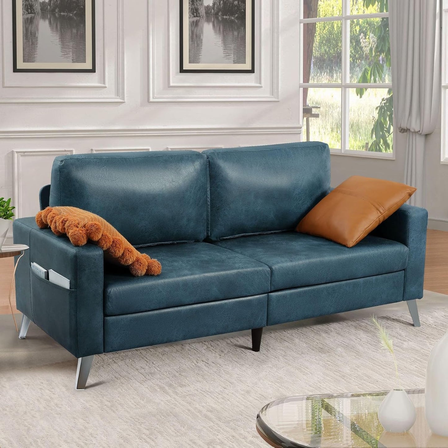 YODOLLA 2 Piece Modern Faux Leather Couch And Loveseat Set Blue
