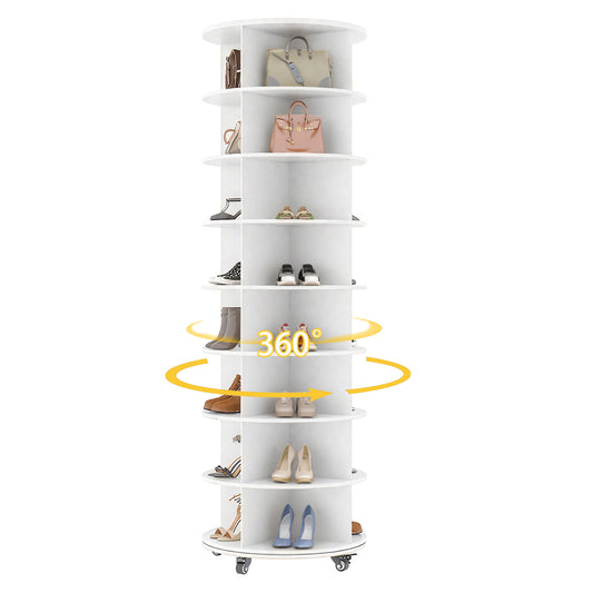 AECOJOY 8-Tier Rotating Shoe Rack with 4 Casters, 360° Spinning Organizer for Closet Storage, White