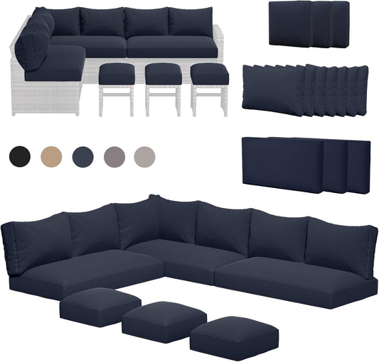 AECOJOY Outdoor Cushions, 4 inch Patio Cushions for Outdoor Furniture, Replacement Cushions Fits 7-Seats Sectional Rattan Conversation Set, Splashproof, Memory Foam Cushions and Covers in Navy