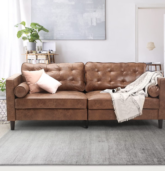 Esright 84.2” Tufted Leather Sofa Couch Mid-Century Modern Couches for Living Room,Apartment,Office (Brown)