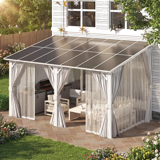 AECOJOY 14'x8' Gazebo Outdoor Pergola, Hardtop Lean to 8x14 Gazebo with Curtains and Netting, Pergolas and Gazebos Clearance with Patio Roof, Large Wall-Mounted Heavy Duty Awnings, White