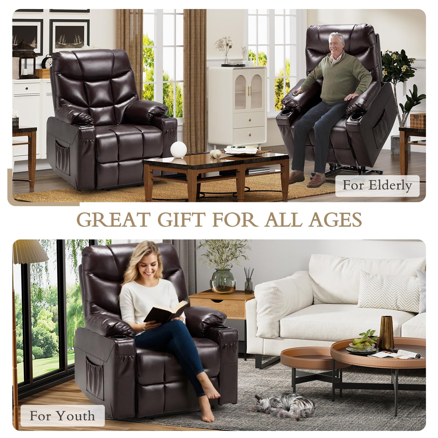 YODOLLA Large Power Lift Recliner for Elderly Heavy Duty Faux Leather Electric Lift Chair with Heated Vibration Massage in Brown