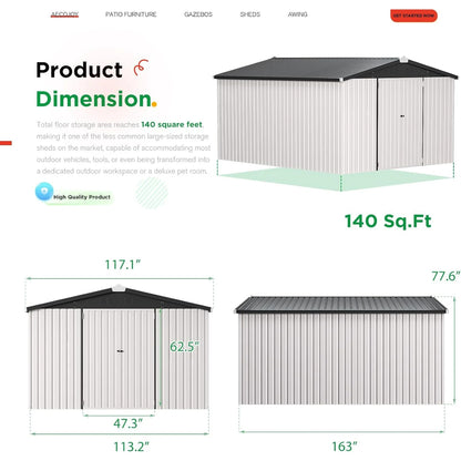 AECOJOY 10' x 14' Outdoor Storage Shed with Lockable Door Patio Metal Garden Storage Building in White for Outside