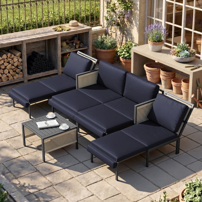YODOLLA 5-Piece Patio Furniture Sets with Retractable Chairs & Coffee Table , Modular Patio Furniture with Coffee Table & Cushions, Aluminum Frame,Navy