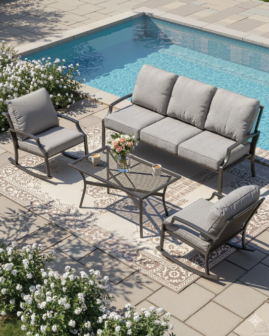 YODOLLA 4-Piece All-Weather Outdoor Patio Furniture Set, Metal Mesh Bistro Set with Rocking Chair and Coffee Table for Porch, Deck, Backyard, Light Gray